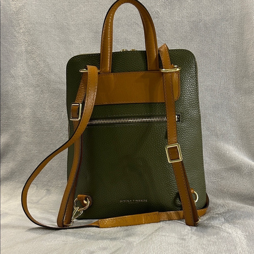 Divina Firenze Green and Tan Leather Backpack with Gold Toned Hardware - Picture 2 of 9